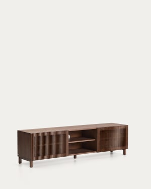 Beyla TV stand with 2 doors in ash veneer and solid ash wood with walnut-tone finish 180 x 49.5 cm FSC 100%