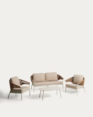 Zuara set with 3-seater sofa, 2 armchairs and outdoor table in ecru aluminium and brown synthetic rope cord