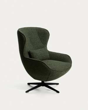 Sorile swivel armchair in dark green chenille and steel with black finish FSC 100%