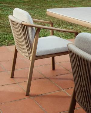 Sirte outdoor chair in aluminium with wood-effect finish and ecru rope cord