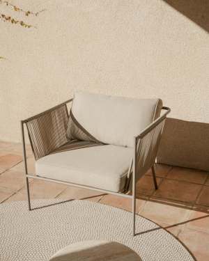 Zivia outdoor armchair in ecru rope cord and taupe galvanised steel