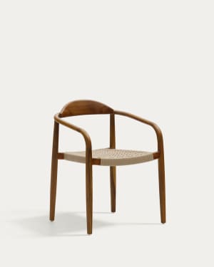Nina stackable chair in solid acacia wood with walnut finish and beige rope seat FSC 100%