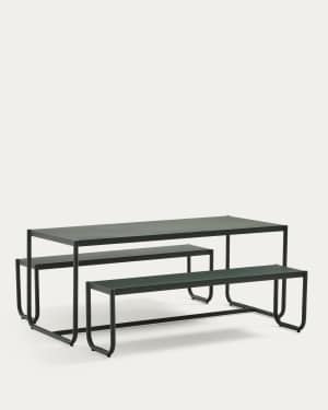 Sotil Set of 2 Benches and Galvanized Steel Table with Green Finish 183 x 83 cm