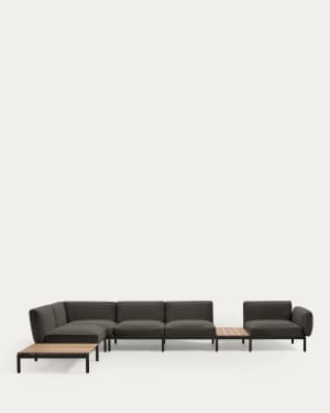 Sofà modular raconer exterior Sorells 5 places entapissat gris i alumini gris amb taules de teca 277x446 cm FSC 100%