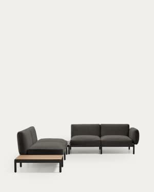 Αρθρωτός γωνιακός καναπές outsdoor 4-θέσεων Sorells με γκρι ταπετσαρία, γκρι αλουμίνιο και τραπέζι από ξύλο τικ xxx εκ 100% FSC