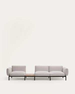 Sofà modular exterior Sorells 3 places entapissat beix i alumini gris amb taula de teca 341x113 cm FSC 100%