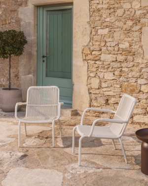 Salis stackable armchair in taupe aluminium and beige synthetic rope cord