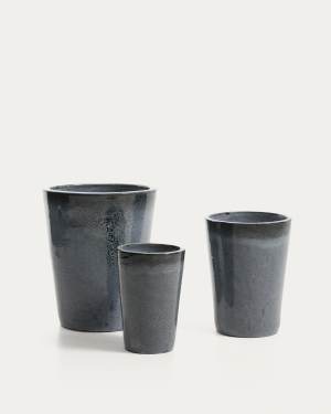 Ensemble Rotja de 3 pots de fleurs en terre cuite, finition bleue émaillée Ø 26 / 35 / 47 cm