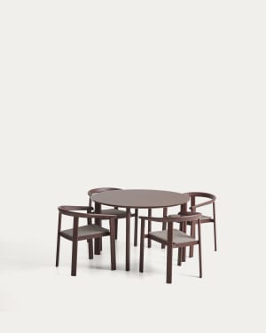 Set Erice de 4 cadires apilables d’alumini i corda i taula d’alumini i vidre temperat marró Ø120 cm