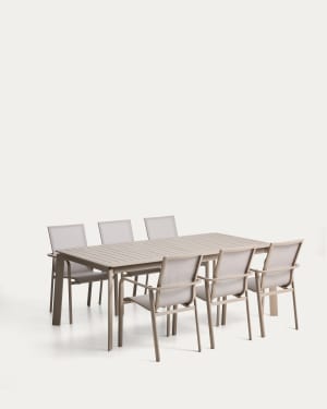 Conjunto de mesa extensível Brela em alumínio taupe e 6 cadeiras empilháveis Canea em alumínio taupe e texteline bege 205(287)x100 cm