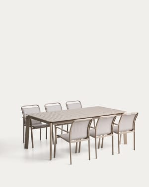Set de mesa extensível Brela de alumínio taupe e 6 cadeiras Luri de alumínio taupe e texteline bege 205(287)x100 cm