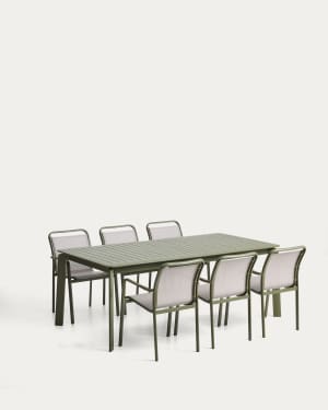 Set de mesa extensível Brela de alumínio verde e 6 cadeiras empilháveis Luri de alumínio verde e texteline bege 205(287)x100 cm