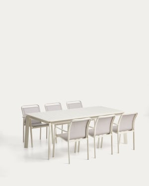 Set de mesa extensível Brela de alumínio cru e 6 cadeiras Luri de alumínio cru e texteline bege 205(287)x100 cm