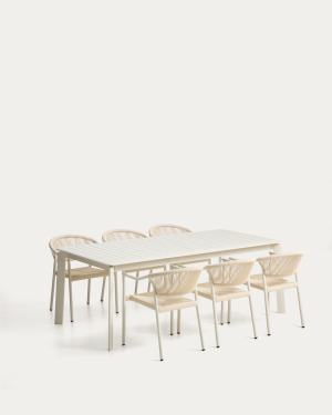 Set de mesa extensível Brela de alumínio e 6 cadeiras empilháveis Livadia de alumínio e corda sintética cru 205(287) x 100 cm