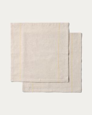 Ensemble Ulaen de 2 serviettes en coton et lin beige à rayures jaunes 35 x 35 cm