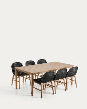 Set with Sori table in solid acacia wood and 6 Alipa chairs in graphite solid acacia wood and rope cord 200 x 100cm FSC 100%