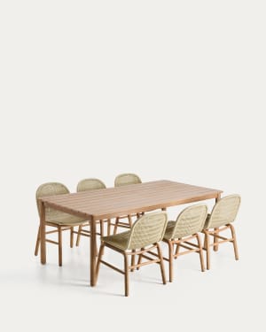Ensemble table Sori en bois d’acacia et 6 chaises Alipa en bois d’acacia et corde écrue 200 x 100 cm FSC 100 %