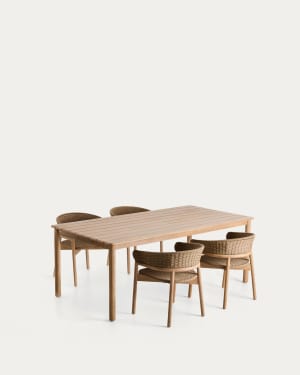 Set with Sori table in solid acacia wood and 4 Arinella chairs in beige solid acacia wood and rope cord 200 x 100cm FSC 100%