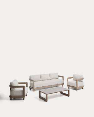Nerano set with 3-seater sofa, 2 armchairs and coffee table in tempered glass and taupe aluminium