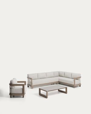 Nerano set with 5-seater corner sofa, armchair and coffee table in tempered glass and taupe aluminium