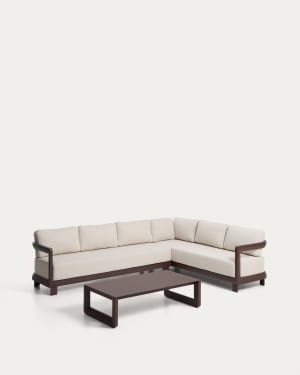 Nerano set with 5-seater corner sofa and coffee table in tempered glass and brown aluminium