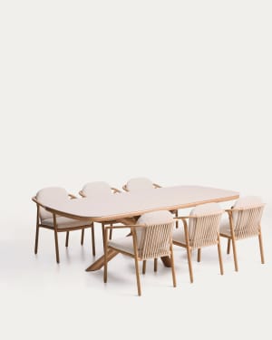 Set with Mirtia table in wood-effect aluminium and ecru sintered stone and 6 Sirte chairs in wood-effect aluminium and ecru rope cord 240 x 110cm