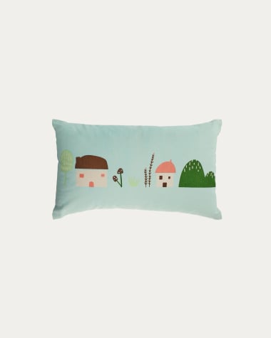 Llaru 100% cotton cushion cover in blue with multi-coloured houses 30 x 50 cm