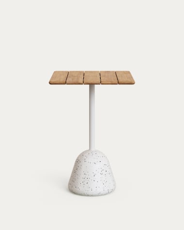 Saura high bar table with white terrazzo base and natural finish acacia top 70x70x99cm