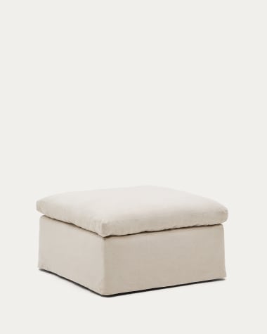 Zenira beige cotton and linen footrest with removable cover and cushion 90 x 90cm