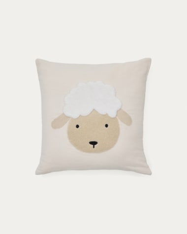 Milu cushion cover in beige cotton with a sheep embroidery feature, 45 x 45 cm