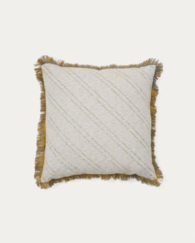 Housse de coussin Cral jacquard coton beige avec franges multicolores 45 x 45 cm