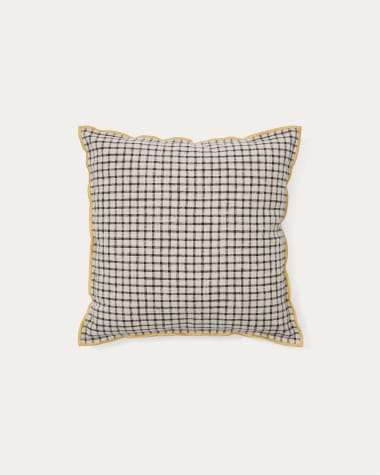 Kissenbezug Airi Leinen und Baumwolle mit Karomuster beige und Kontrastpaspel gelb 45 x 45 cm