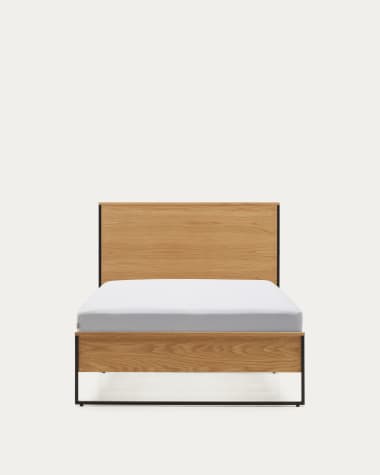 Taiana oak wood veneer bed with steel legs in a black finish, 90 x 190 cm