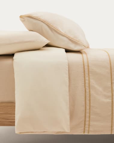 Linara Set of Duvet Cover and Pillowcases in Beige Cotton and Linen for 150 cm Bed
