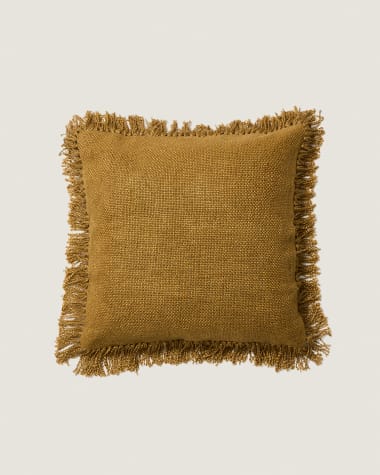 Housse de coussin Isel en chenille moutarde avec franges 50 x 50 cm