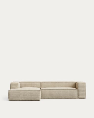 Blok fire-retardant 3-seater sofa with left chaise longue in thick ecru corduroy 300cm FSC Mix Credit
