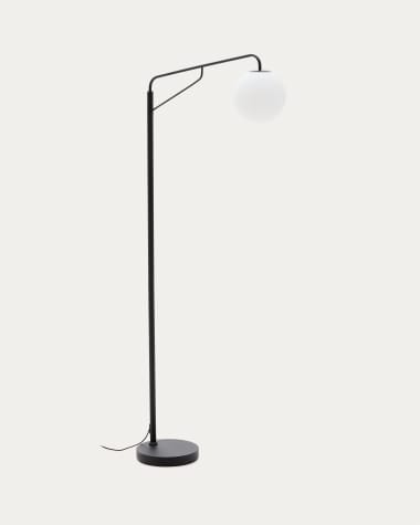 Stehlampe Eilo aus schwarzem Stahl mit Kugel aus mattiertem Glas