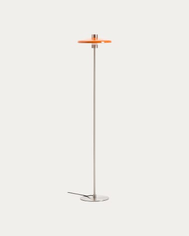 Stehlampe Nuvira aus hellgrauem gebürstetem Metall mit orangefarbenem Schirm