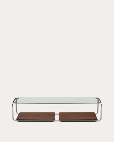 Tarsel coffee table in tempered glass with FSC 100% walnut veneer tray with brushed stainless steel structure 140 x 60cm