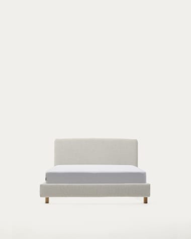 Pearl chenille Valma bed with removable cover and solid beech wood legs for a 90 x 200 cm mattress