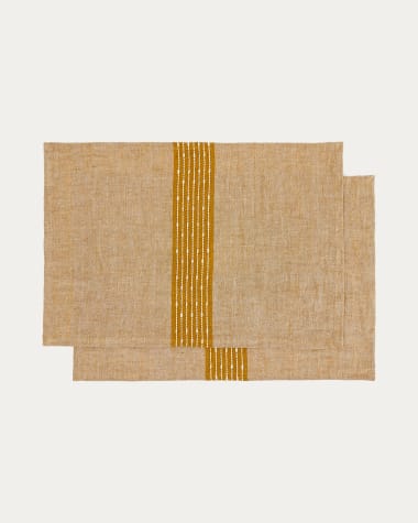 Calena set of 2 placemats linen jacquard with mustard central stripe 35 x 50 cm