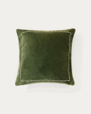 Housse de coussin Tivani en velours vert brodé avec liseré contrasté 45 x 45 cm
