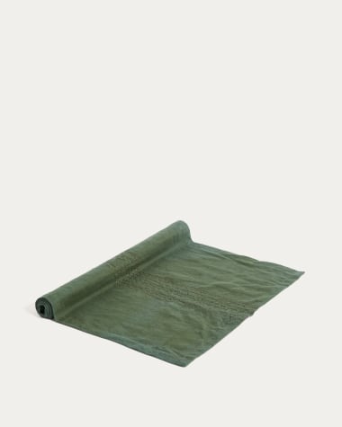 Runner da tavola Flia in lino e cotone verde, con ricamo in lurex dorato 50 x 150 cm.