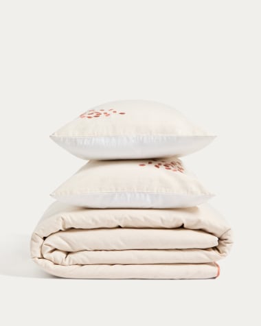 Virelda duvet cover and pillowcase set in beige cotton and linen with embroidered detail for 150cm bed