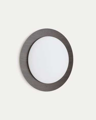 Plafon Novae ze szczotkowanej stali z efektem ciemnego drewna i matowego szkła Ø 40 cm