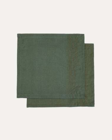 Σετ 2 πετσέτες Flia από πράσινο λινό και βαμβάκι με πράσινη λεπτομέρεια κεντήματος lurex 30 x 30 εκ