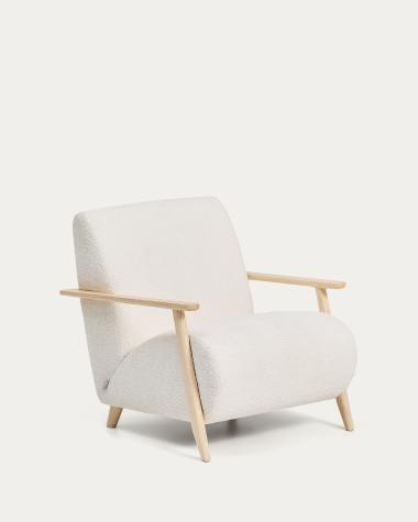 Sessel Meghan in ecrufarbenem, schwer entflammbarem Lammfellimitat mit massivem Eschenholz mit naturfarbenem Finish, FSC Mix Credit