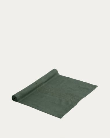 Flia linen and cotton table runner in green, with green lurex embroidery detail 50 x 150cm.