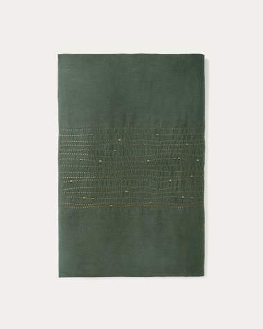 Flia green linen and cotton tablecloth with green lurex embroidery detail 150 x 250cm