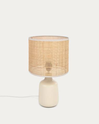 Lampe de table Erna en céramique blanche et bambou finition naturelle